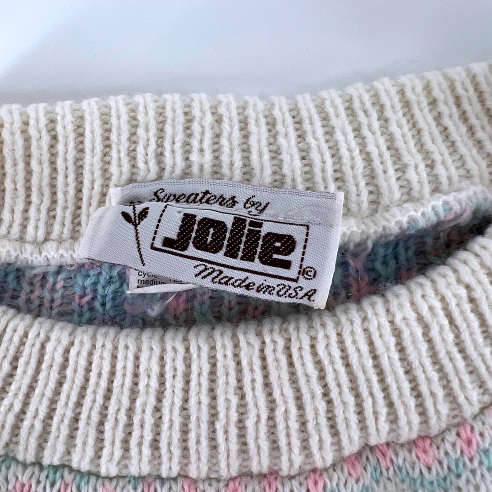 Vintage Sweaters by Jolie Pastel Geometric Knit Crewneck Sweater Ivory Pink Blue - Picture 4 of 8